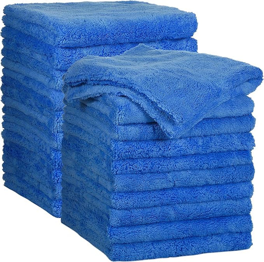 Shimeyao 20 Pcs 16 x 16 Inch Edgeless Microfiber Plush Towels for Cars Detailing Drying Wash Polishing Absorbent Cleaning Cloths, 500 GSM(Blue)