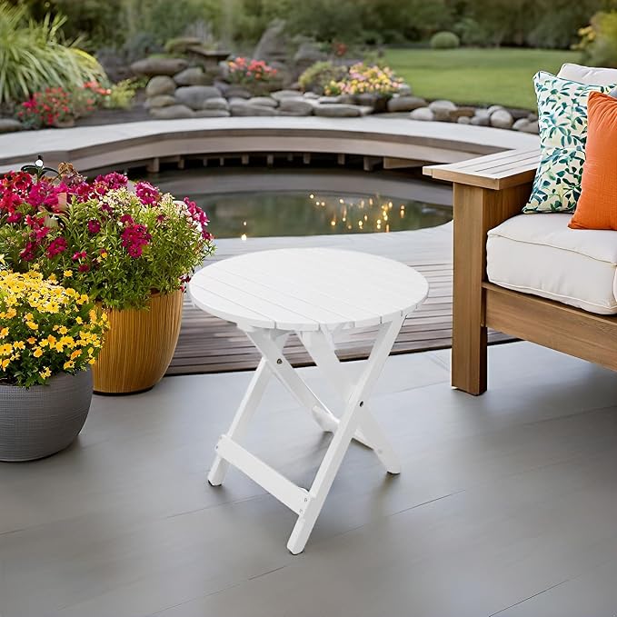 Outdoor Wooden Side Table, Folding Patio End Table, Small Round Furniture Table for Adirondack Chair, Balcony, Porch, Acacia Wood, No Assembly, White