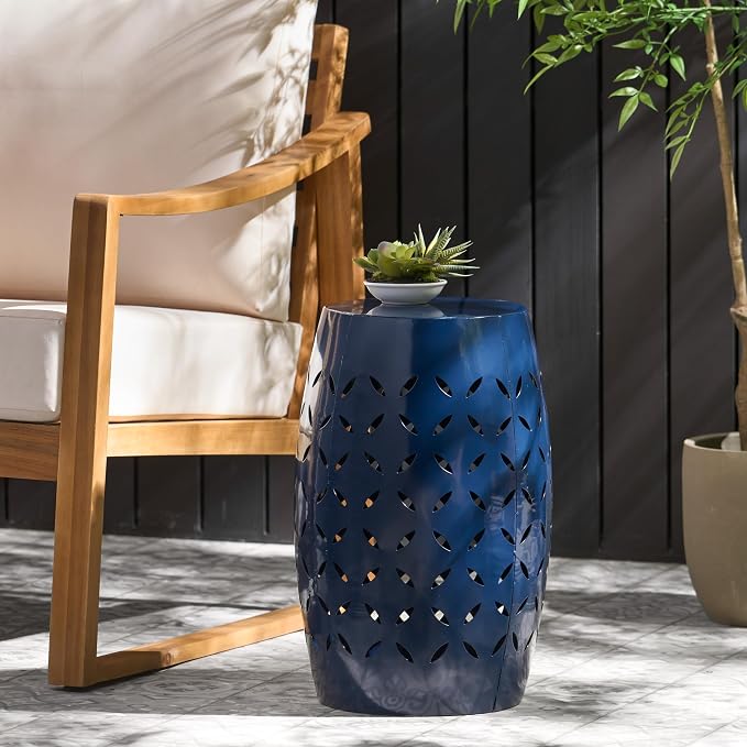 Christopher Knight Home Hayon 17.75'' Small Outdoor Side Table, Metal Outdoor Stool, Lace Cut Iron End Table, Hollow Drum Round Side Table, Decorative Garden Stool with Cutout Design, Dark Blue
