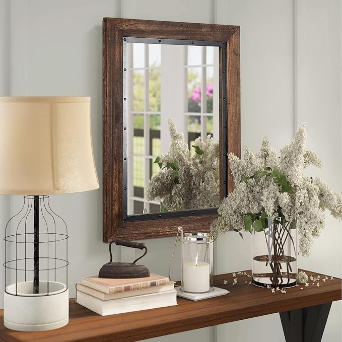 YOSHOOT Rustic Wooden Framed Wall Mirror, Natural Wood and Iron Bathroom Vanity