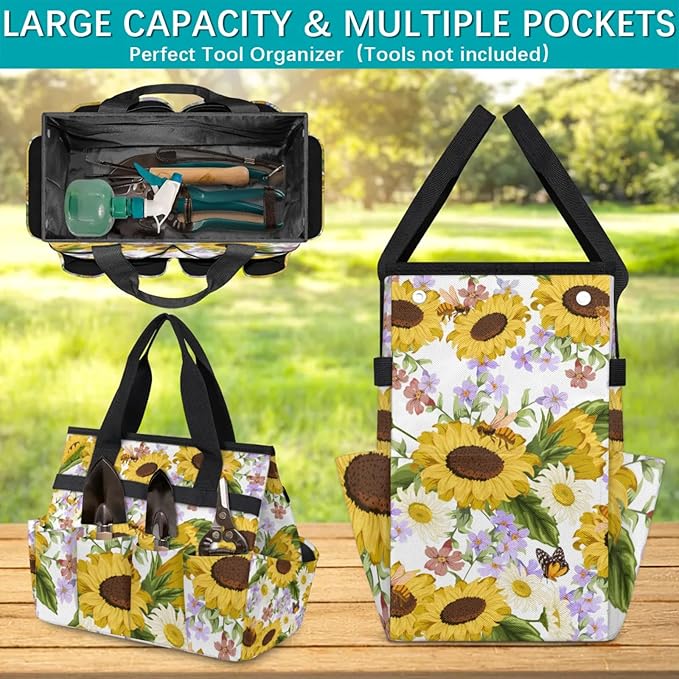 Garden Tote Bag with Pockets Sunflower Gardening Bags for Tools Organizer Heavy Duty Storage Bag with Handle for Lawn Yard Casual