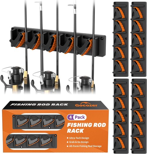 Fishing Rod Holder for Garage Wall, Vertical Fishing Pole Rack with TPE Soft Pads Each Holds Up to 5 Rods 0.1"-0.75" – Wall Mounted Fishing Rod Storage Organizer,Gifts for Men – 4 PACK (Holds 20 Rods)