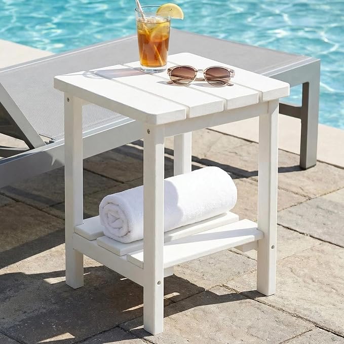 Furnimart Adirondack 2-Layer Square Outdoor Side Table, Extra-Thick HDPE Weather-Resistant Small Patio Table, White Outdoor End Table for Garden Balcony Yard Deck Poolside(White)