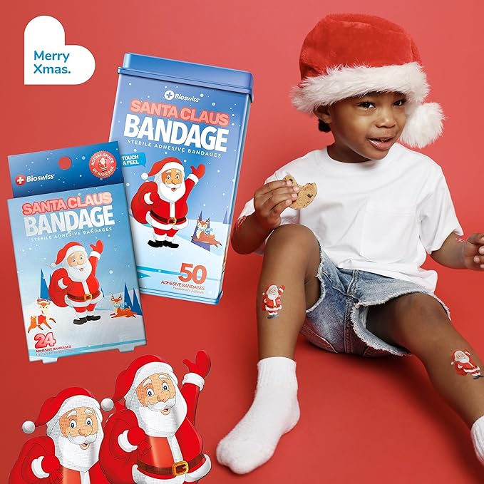 BioSwiss Kids Bandages, Christmas Santa Claus Shaped Self Adhesive Bandage Set, Latex Free, Sterile Wound Care, 50 Count