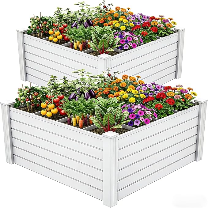 YITAHOME 48x48x24 in Plastic Raised Garden Bed 2pcs with Growth Grid, Large Outdoor Vinyl Planter Box for Plants, Vegetables, and Flowers, Easy Installation, White