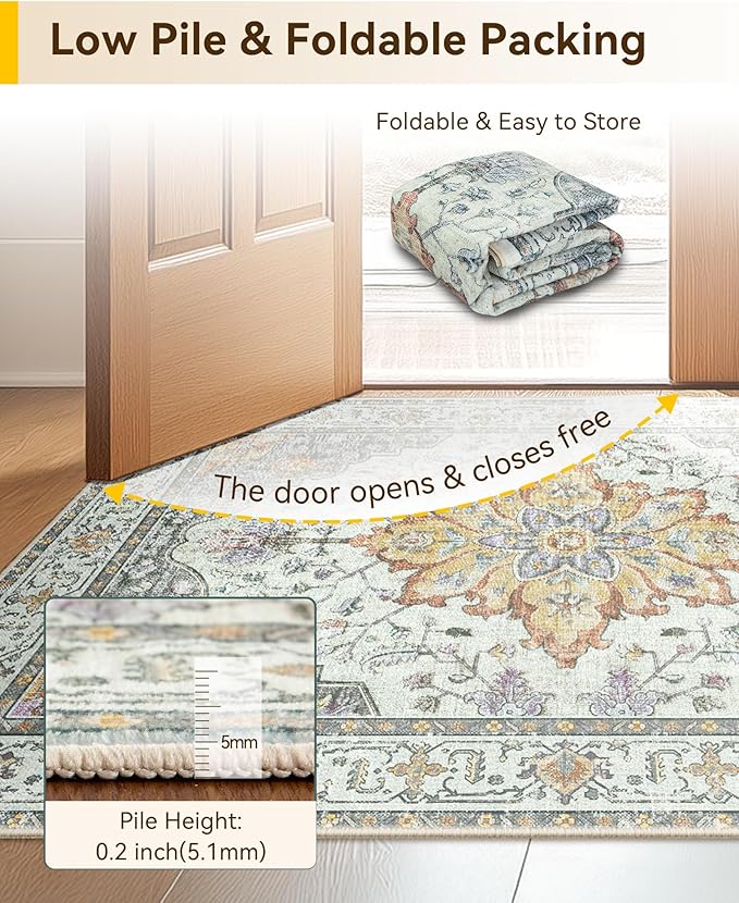 Area Rugs Square 10ft Washable Non-Slip, Floral Vintage Distress Print Pattern Medallion Carpet for Living Room Bedroom Dining Room, Light Yellow Carbon Grey Orange