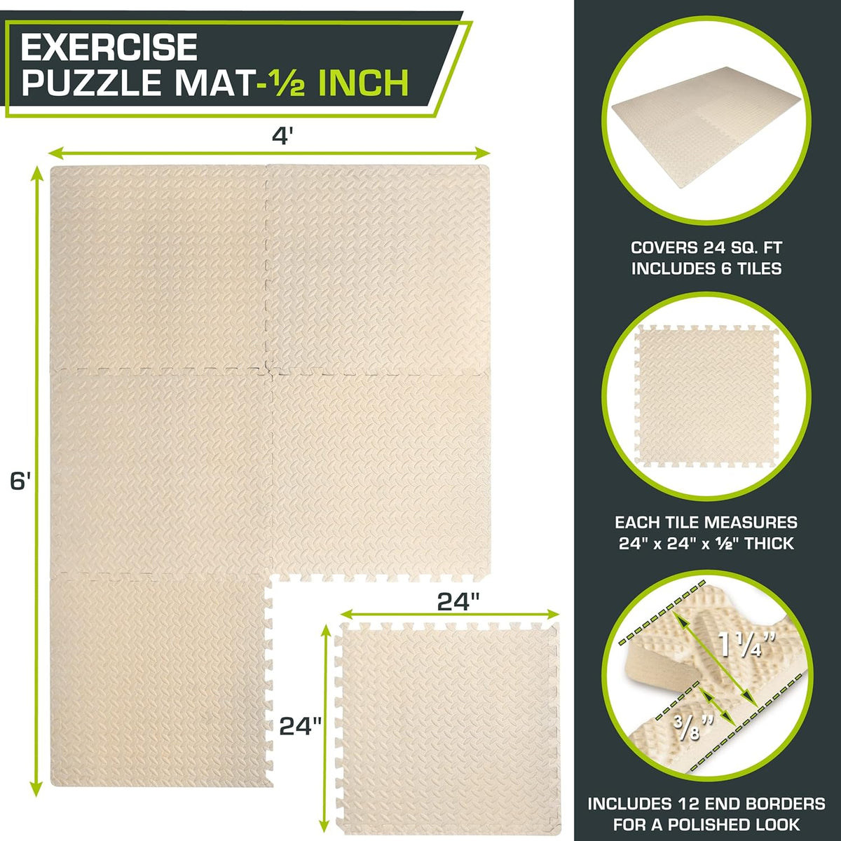 ProsourceFit Puzzle Exercise Mat - ½ Inch EVA Interlocking Foam Tiles for Home Gym | Cream, 24" x 24" (6 Tiles)