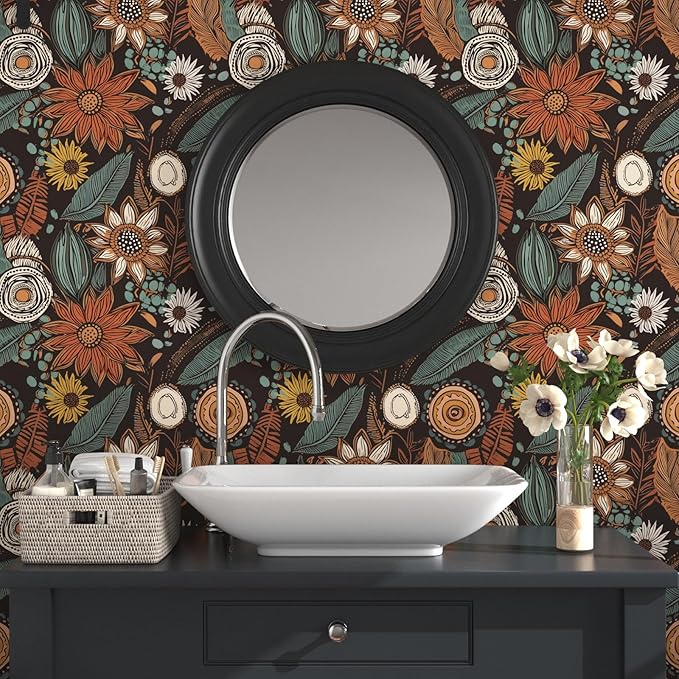 Rustic Boho Wallpaper Peel and Stick, Vintage Dark Brown Floral Contact Paper