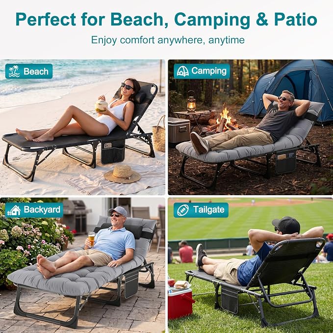 ABORON Tanning Chair, 5-Position Padded Folding Chaise Lounge | 5-position folding chaise lounge supports 500 lb and has a removable cushion and pillow for sunbathing, poolside or patio.