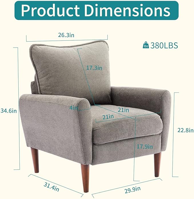 OLIXIS Comfy Accent Chair for Living Room Bedroom and Waiting Room, Upholstered Mid-Century Reading Chair with Pillow and Solid Wood Legs, Wide Singe Modern Lounge Sofa (Gray)