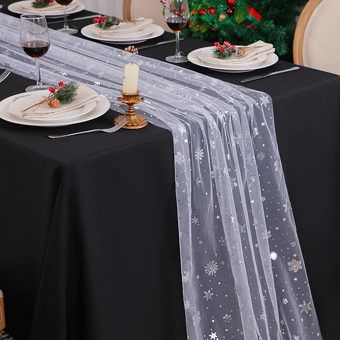 Snowkingdom Silver White Snowflake Table Runner 10 FT Christmas Sheer Chiffon Gauze Cheesecloth Runner, 120 Inch Winter Sparkly Sequin Party Dining Table Decorations for Christmas Holiday New Year