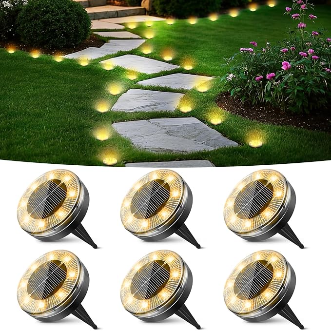 Peasur Mini Solar Ground Lights, 6 Pack Flat Solar Disc Lights Outdoor Waterproof, 2.3 Inch Small Solar Garden Lights Landscape Lighting for Outside Pathway Garden Yard Lawn Walkway,Warm White