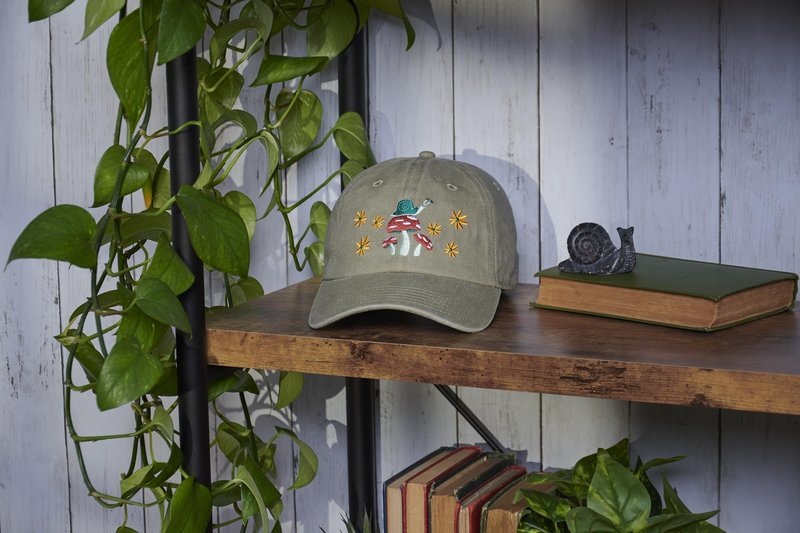 Primitives by Kathy Baseball Cap, Mushrooms Full Color Design, Stonewashed Khaki, Adjustable fit Metal Buckle