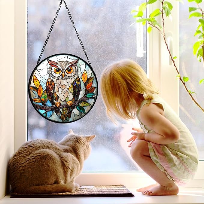 Stained Glass Window Hanging, Owl Colorful Leaves Birds Sun Catchers Diamond Glass Panel Hangings Suncatcher Decor for Birthday for Women, Men, Wife, Aunt, and Mom 11.8x11.8 in