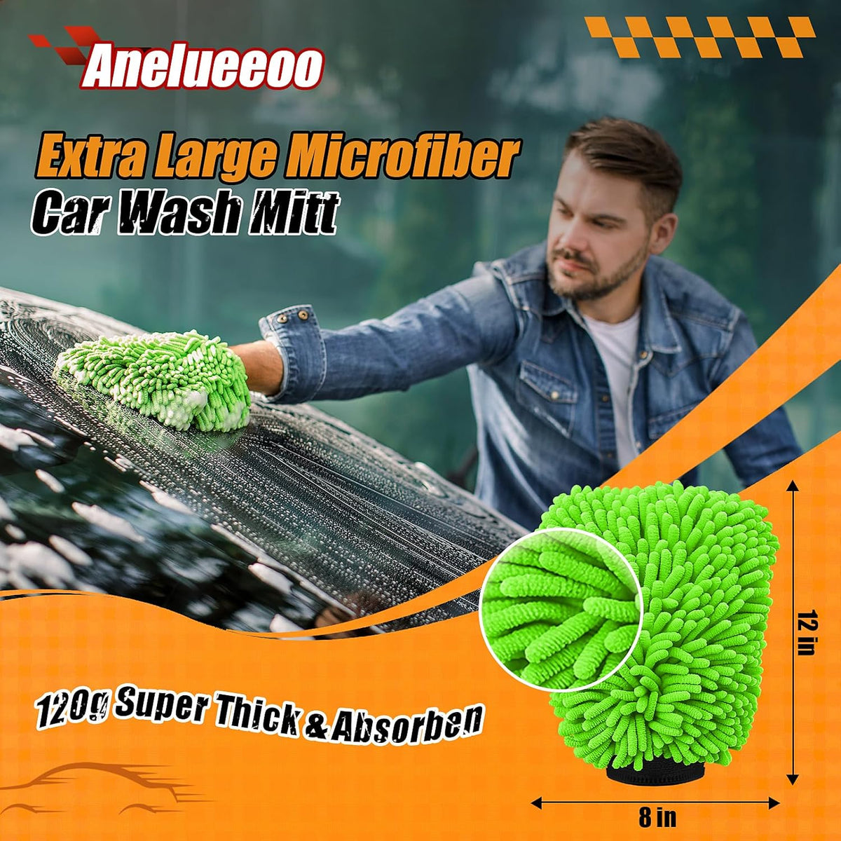 Car Wash Mitt Microfiber, Premium Chenille Microfiber Wash Car Mitts Sponge Scratch Free & Lint-Free, Mitts Waterproof Lining 2 Pack Green (8''X12'')