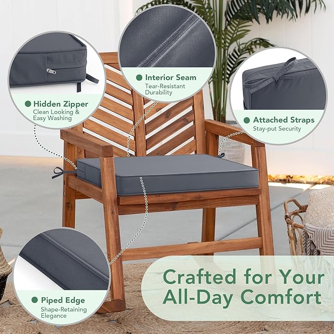 Outdoor Chair Cushions Set of 4: Waterproof & Fade Resistant Seat Cushion for Patio Furniture - 18.5 x 16 x 2 Inch Chair Pads with Ties and Hidden Zipper - Patio Chair Cushion Replacement, Dark Grey