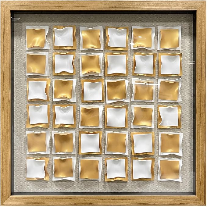 BrightA Gold and White Geometric Wall Sculpture Reflective 3D Textured Panels Brushed Metal Texture with Wave Modern Framed Abstract Art for Bedroom Office Decor 23.6"x23.6"