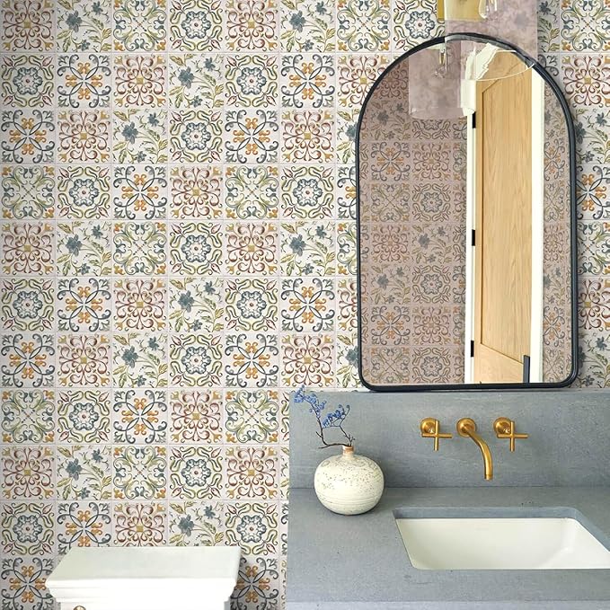 Wudnaye Bohemian Wallpaper Peel and Stick Faux Tile Contact Paper 17”×393” Tile