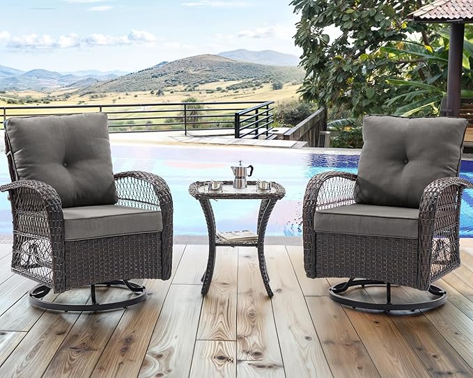 UDPATIO 3 Pieces Patio Furniture Set, Outdoor Swivel Rocker Patio Chairs Set of 2, All-Weather PE Wicker Glider Chairs with Thick Cushions and Glass Coffee Table，for Porch Deck Backyard Grey