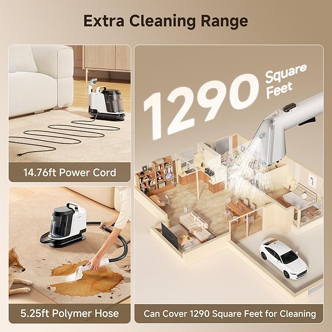 uwant Carpet Cleaner Machine 18Kpa Powerful Suction Upholstery Cleaner for Pet, Portable Carpet Cleaner with Cleaning Tools&Self-cleaning Set of 1 for Spot, Cars,Rug,Furniture