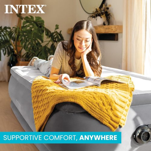 Intex Dura-Beam Deluxe Comfort-Plush Elevated Air Mattress - Queen Size with Built-in Electric Pump | 18" Height, 600lb Capacity