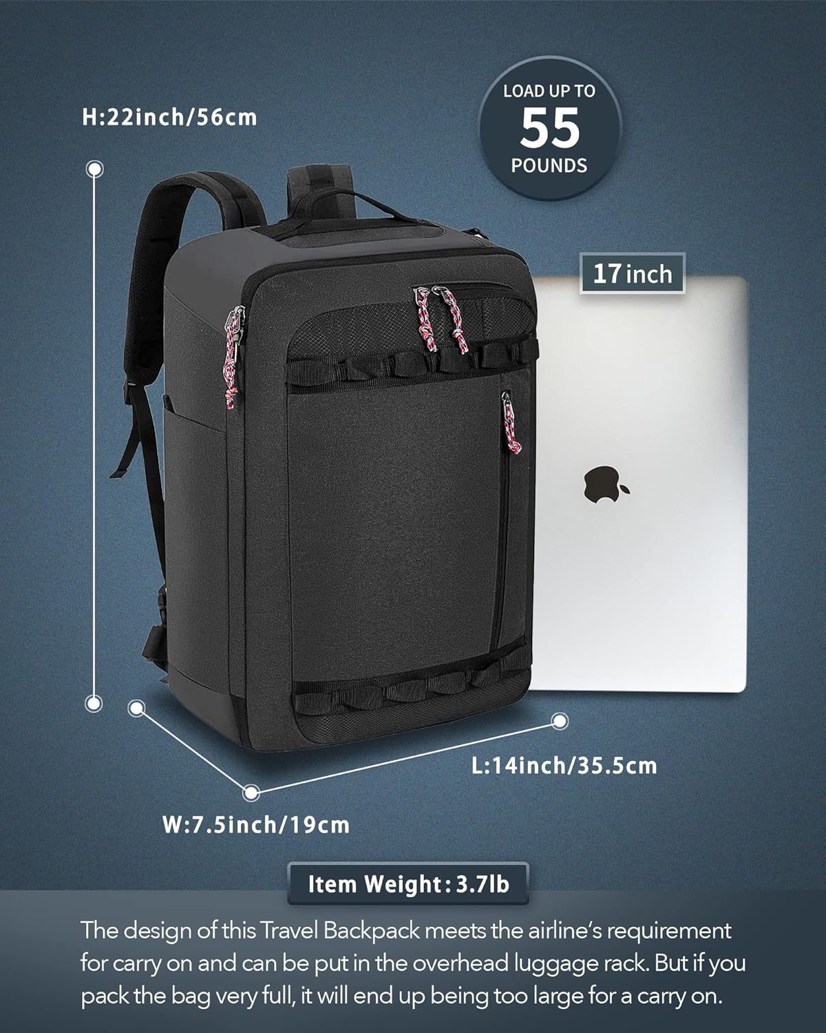 Travel Backpack Flight Approved Carry On Backpack Water Resistant Weekender Bag (Black)