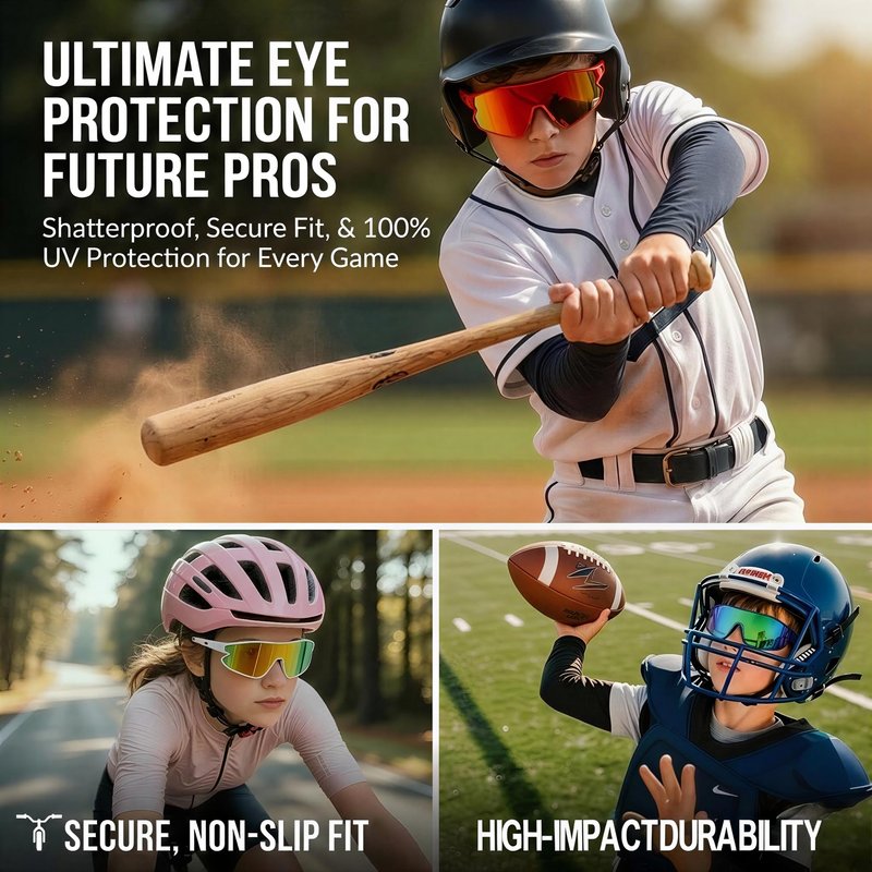 GLARDEFE Kids Baseball Sunglasses - Youth Baseball Sunglasses for Boys Girls - Sports Softball Shades Age 6-14(Black/Grey + Black/Silver Mirror)