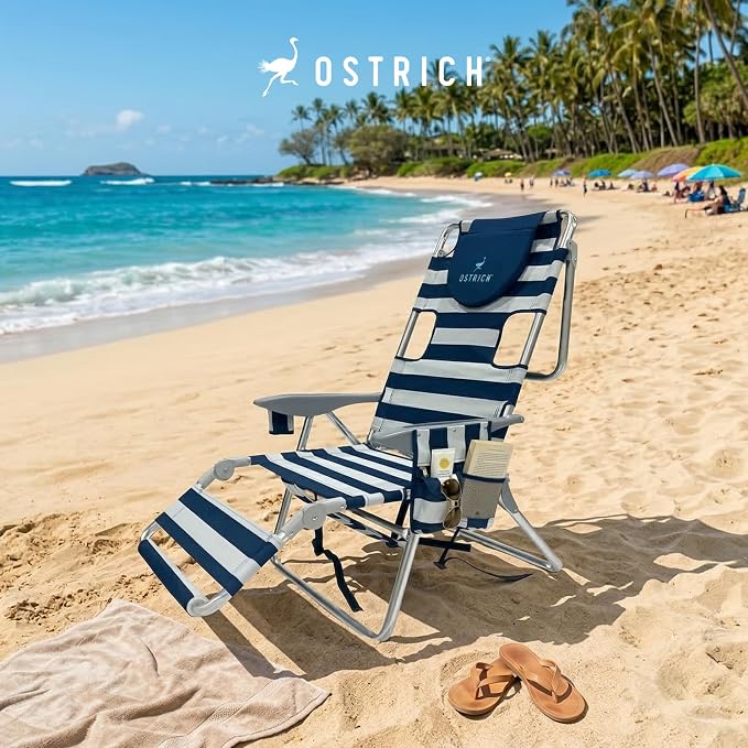 Ostrich the Backpack 3N1 Portable Chair with Cooler Bag and Reclining Lounger for Tanning, Camping, Beach, and Outdoor Essential, Blue Stripe