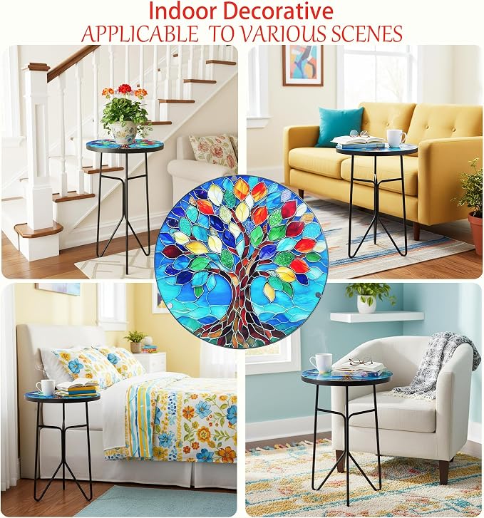 12 Inch Mosaic Colorful Tree of Life Patio Side Table, Small Round End Tables, Glass Plant Tables Indoor, Garden or Living Room Decor Afternoon Tea Dinner Table, Simple Assembly Cast Iron Plant Stand