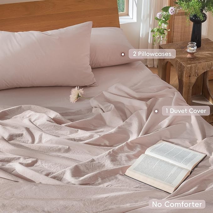 MooMee Bedding Duvet Cover Set 100% Washed Cotton Linen Like Textured Breathable Durable Soft Comfy (Heathered Greyish Pink, Cal King 104"x98")