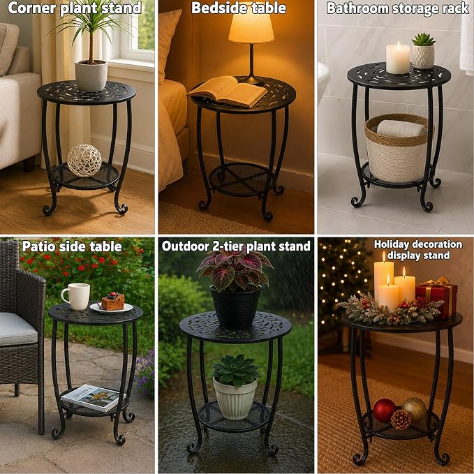 Metal Round Side Table Set of Two Black Accent Coffee Tables Small Space Corner Plant Stand Shelf for Indoor Outdoor Porch Patio Balcony Living Room End Table with Storage