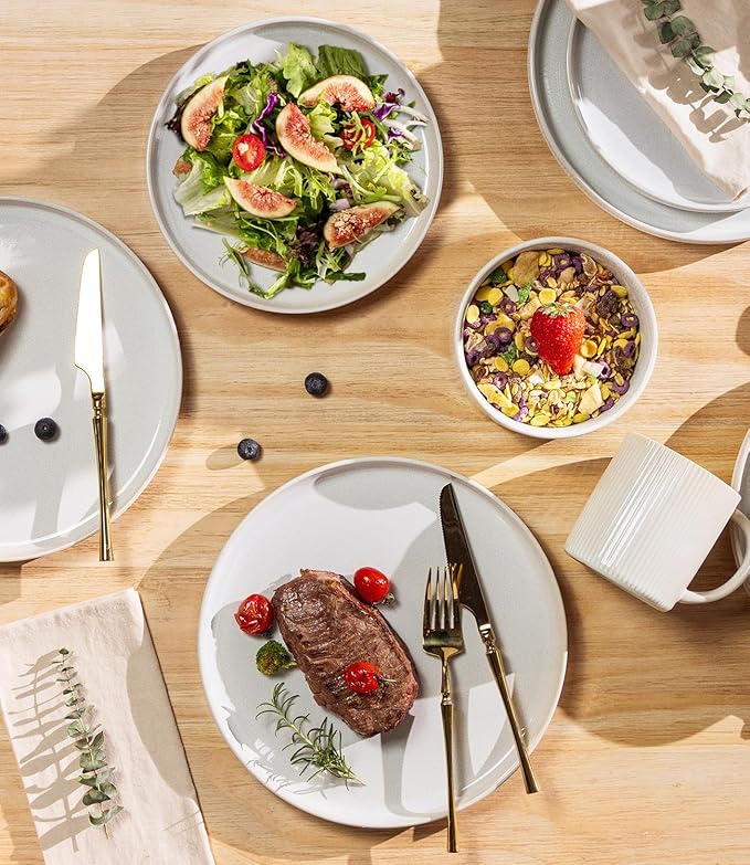 TheTerra Ceramic Dinnerware Sets for 8, 24 Pieces Porcelain Lightweight Plates and Bowls Sets, Scratch Resistant Dish Set, Oven & Microwave & Dishwasher Safe, Reactive White
