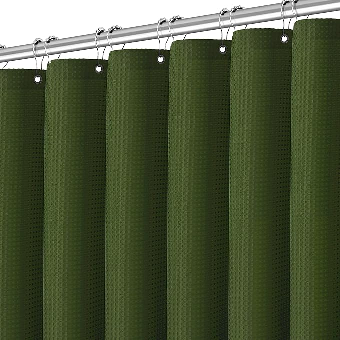 Green Shower Curtain for Bathroom Waffle Textured Heavy Duty 78 Inch Shower Curtain Set for Bathroom, Water Repellent 256GSM Neutral Fabric Shower Curtains with 12 Metal Hooks, 72Wx78H