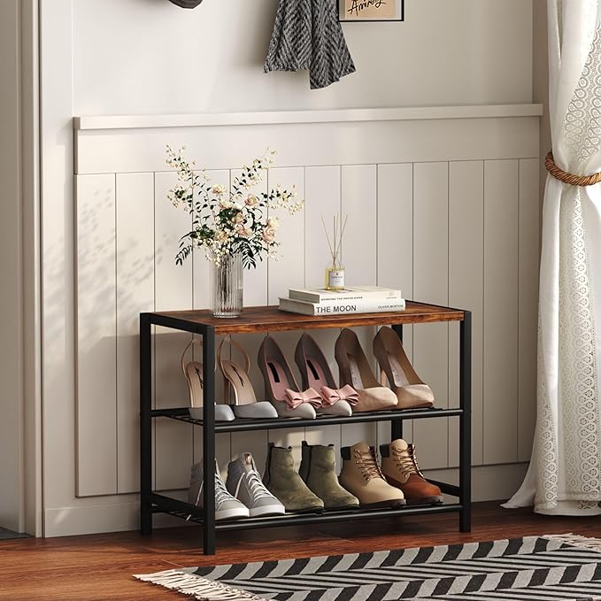 Yusong Shoe Rack Organizer, 3 Tier Industrial Shoe Storage Shelf for Closet Entryway, Narrow Sturdy Metal Shoe Shelves, Rustic Brown