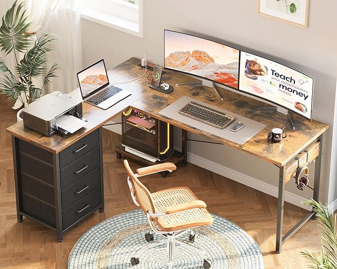 AODK L Shaped Gaming Desk with 4 Drawers, 53" Reversible Home Office Desks with Power Outlets, L Shaped Computer Desk with USB Charging Port and Host Stand, Corner Desk, Easy to Assemble, Vintage
