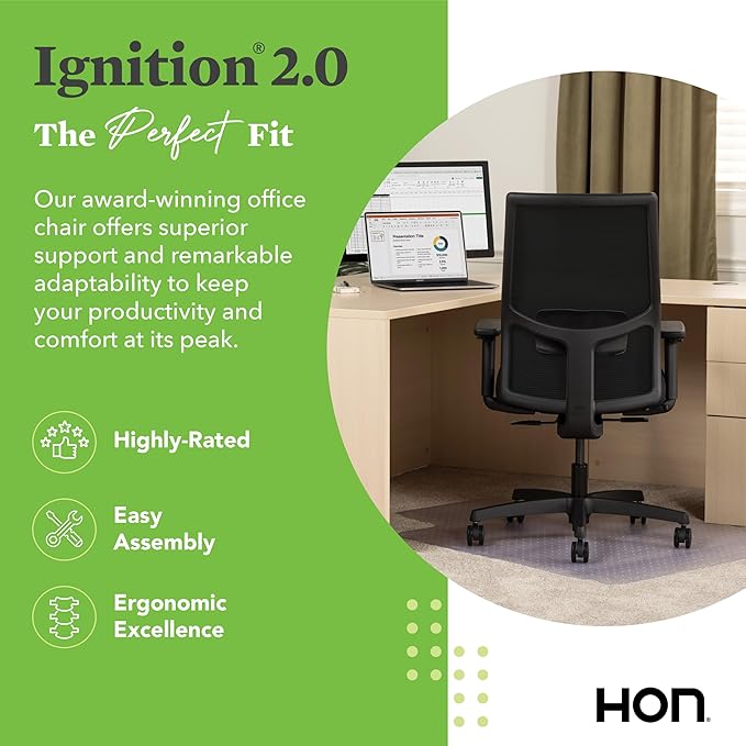 HON Ignition 2.0 Mid Back Task Chair, Spectrum Mesh, Standard Synchro-Tilt Control, Office Chair with Lumbar Support, Height and Width Adjustable Arms, Black Frame, Leaf
