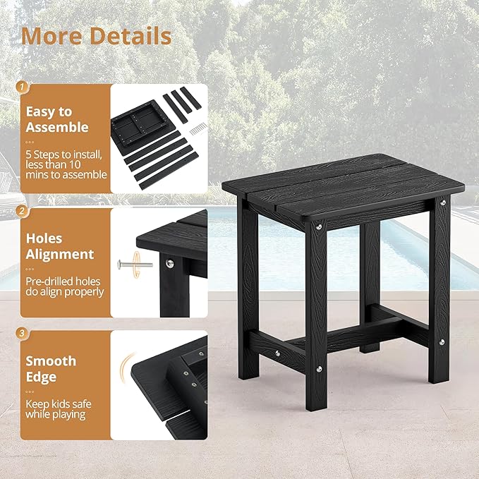 LUE BONA Outdoor Side Table Set of 2, HDPS Small Outdoor Table, Adirondack Side Table, Outside End Table for Patio, Porch, Deck, Pool, Weather Resistant/Easy Maintenance/Indoor or Outside Use, Black