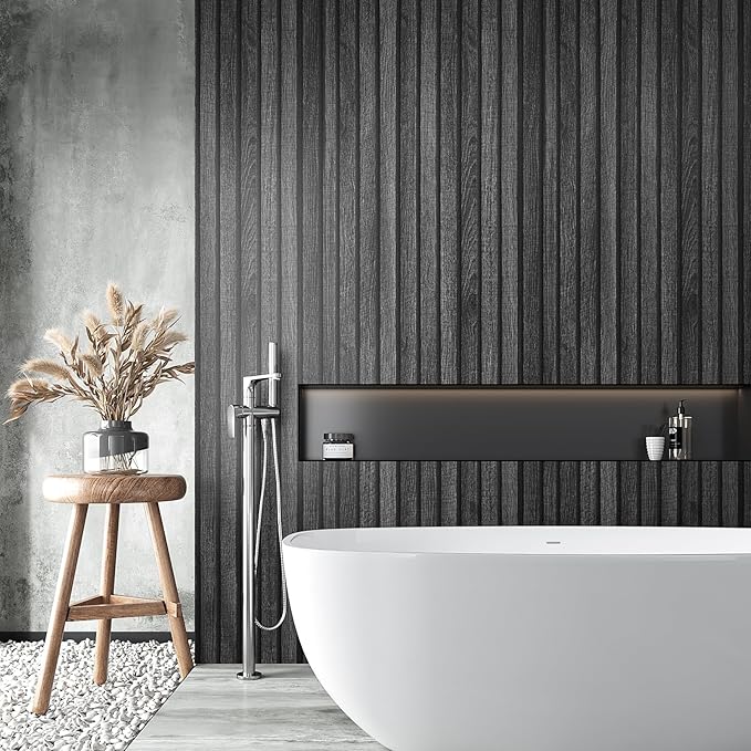 VEELIKE Charcoal Black Wood Slat Wallpaper Peel and Stick Modern Wood Panel