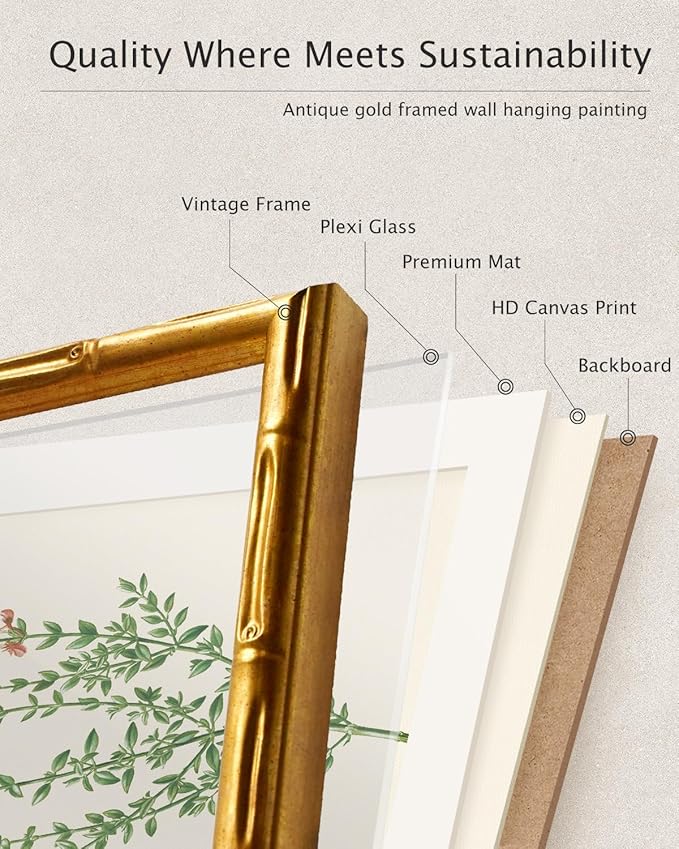 InSimSea Gold Bamboo Framed Canvas Wall Art, Retro Nature Plum Botanical