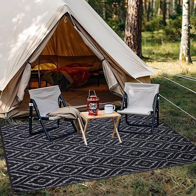 OLANLY Outdoor Rug 6x9 ft Waterproof, Outdoor Plastic Straw Rug with Geometric Pattern Clearance, Reversible RV Mat for Patio, Camping, Balcony, Deck, Backyard, Black & Grey