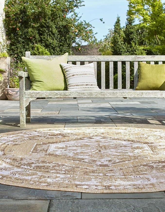 Unique Loom Outdoor Traditional Collection Area Rug - Valeria (3' 1" Round, Natural/ Ivory)