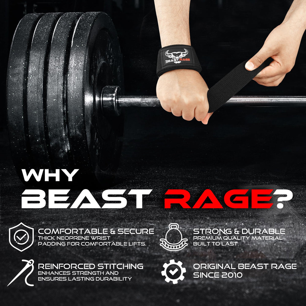 BEAST RAGE Lifting Wrist Straps for Weightlifting, Straps Gym Grip Power Workouts Lifting Straps Padded Cotton Men Women Wrap Lift, Deadlift Bodybuilding Weight Lifting Exercise Straps (Black)
