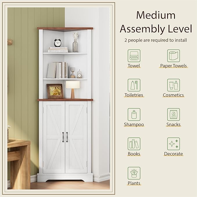 Smuxee Tall Corner Storage Cabinet, Farmhouse Corner Cabinet with Barn Door and Adjustable Shelf, White Freestanding Cabinet Organizer for Bathroom, Kitchen, Living Room