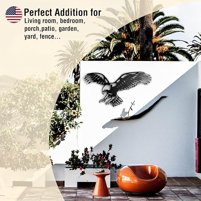 Bald Eagle Metal Wall Art – Black Patriotic Eagle Decor, Metal Wall Hanging for Indoor Outdoor Home, Garage, Man Cave, Rustic Wildlife Gift for Men