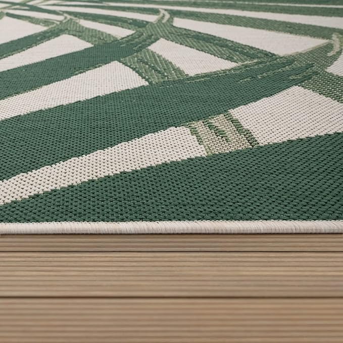 Tropical Outdoor Rug Palm Tree & Jungle Design Flatweave in Green Beige, Size: 2'8" x 4'11"