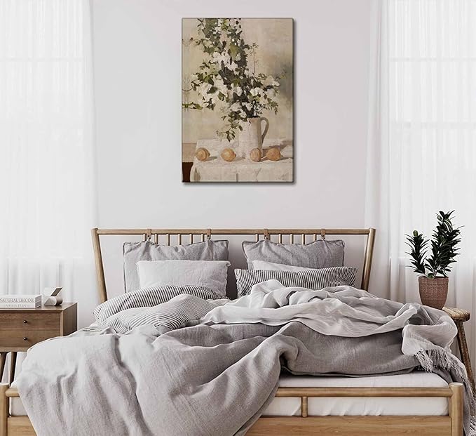 Farmhouse Kitchen Canvas Wall Art Vintage Country Neutral Rustic Muted Flower and Lemon Still Life Painting Picture Wall Decor Poster Print Artwork for Farm Dining Room Home Decoration