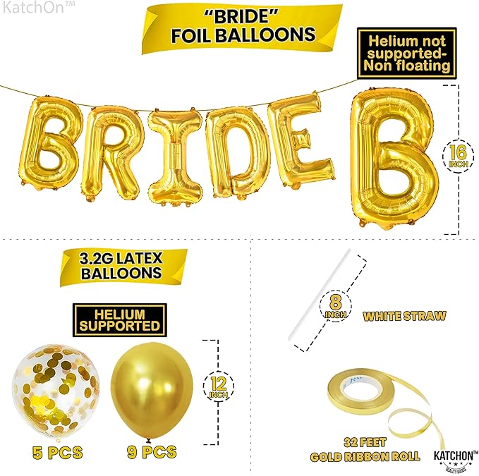 KatchOn, Bride Balloons Gold Set - 16 Inch, Pack of 19 | Bride Balloons for Bachelorette Party Decorations | Gold Bride Balloon, Latex Balloons | Bridal Shower Decorations | Bachelorette Balloons