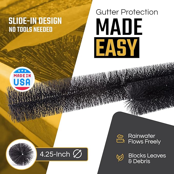 GutterBrush Gutter Guard 4.25-Inch Diameter – 45 Ft - DIY Leaf Filter for Small Gutters | No Tools Needed, Easy Install | Prevents Clogs & Reduces Cleaning | Made in USA