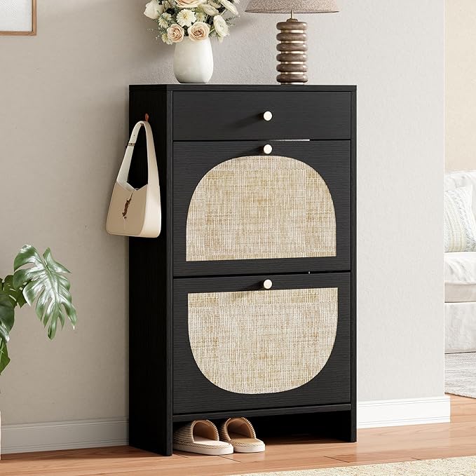 Nicetree Shoe Cabinet for Entryway, Slim Shoe Rack with 2 Flip Drawers and Top Storage Drawer, Narrow Shoe Organizer with Arched Rattan Accent, Entryway Shoe Storage for Size 12 Shoes, Black