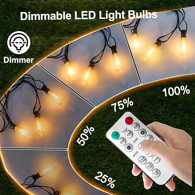 BLIATLUS 100FT Solar String Lights Outdoor Waterproof with Remote Control Solar Patio Lights 30+2 shatterproof LED ST38 Bulbs for Porch Garden Market Bistro Patio Backyard Fence